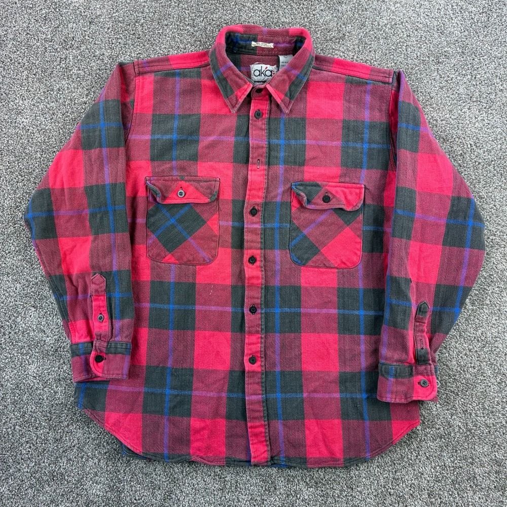 Vintage AKA Bay Flannel Shirt Mens Large Red Blue Plaid Button Up